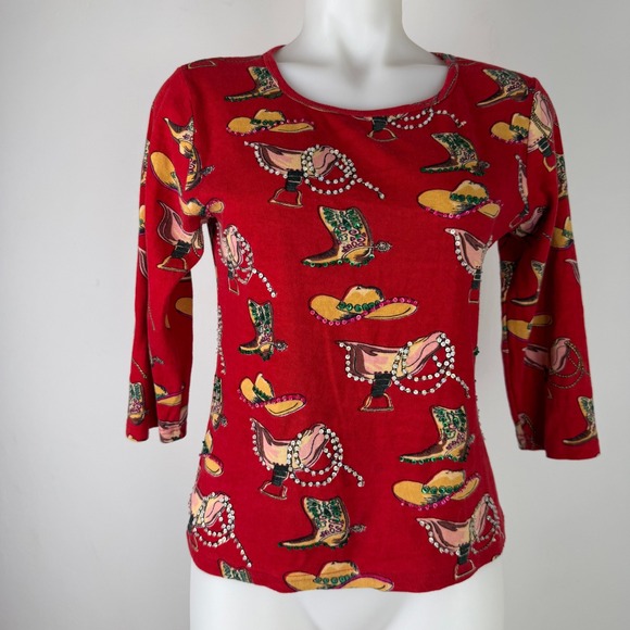 Take Two Clothing Co. Tops - VTG Take Two Womens Red Western Sequin Cowboy Boot Hat Top Cotton Knit SZ M